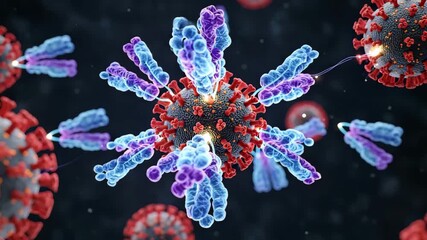 3d illustration of antibodies attacking coronavirus cells depicting scientific medical research - Powered by Adobe