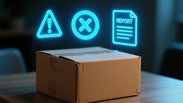 Cardboard Box with Warning Symbols Highlights Importance of Careful Handling in Supply Chain Logistics for Fragile, Import and Export, Delivery and Packaging