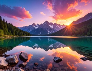 Stunning sunrise over serene mountains and lake with reflections