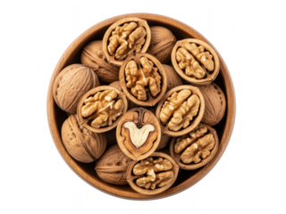 Top view of whole and shelled walnuts in a small wooden bowl isolated on transparent background