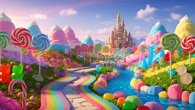 Vibrant Candyland landscape featuring a rainbow-colored path winding toward a whimsical castle made entirely of sweets.