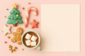 Delight in festive spirit of Christmas with cozy cup of hot chocolate surrounded by colorful cookies and decorations, perfect for celebrating holiday season