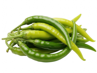 A pile of fresh, vibrant green chili peppers with slight yellow tint, isolated on transparent background