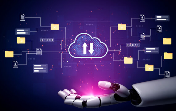 A futuristic robotic hand holds a glowing light, representing cloud technology and seamless data transfer, with abstract folders and documents visually connecting. Gantry