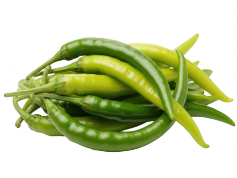 A pile of fresh, vibrant green chili peppers with slight yellow tint, isolated on transparent background