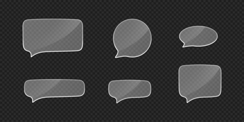 3D speech bubbles in glass morphism style vector set, circle, oval, rectangle message text transparent matt frames