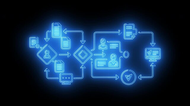 Complex digital network process flow diagram with data communication icons connection nodes and integrated technology workflow system