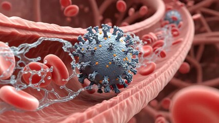 3d rendered illustration of a coronavirus inside a blood vessel with red blood cells - Powered by Adobe