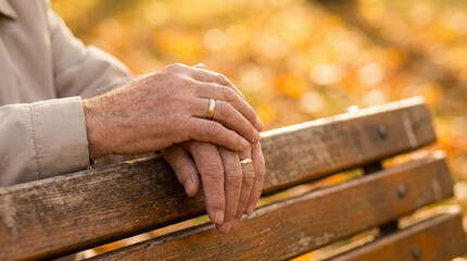 Elderly hands resting gently on wooden bench outdoors, autumn leaves in background, symbolizing peace, reflection, and aging with warmth and tranquility