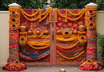 Fototapeta premium Decorated wedding gate with marigold garlands and earthen pots in traditional indian style decor
