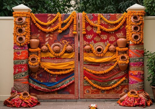 Decorated wedding gate with marigold garlands and earthen pots in traditional indian style decor