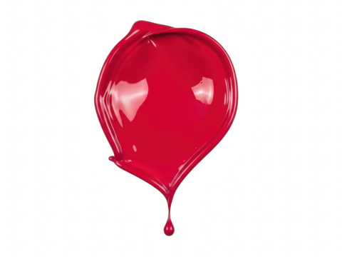 Vibrant red paint stroke shaped like a heart or drop, glossy texture, isolated on transparent background for cosmetic or art concept
