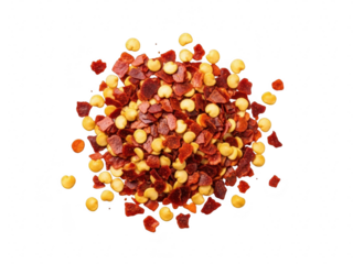 Pile of crushed red pepper flakes and seeds, a common spice, isolated on transparent background for food photography