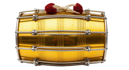 Traditional Golden Indian Dholak Drum with Metallic Bands and Red Tassels isolated PNG with Transparent Background