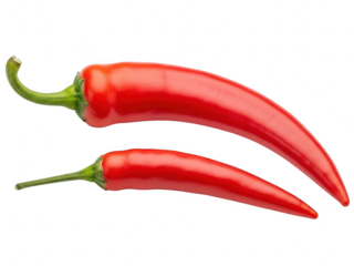 Two bright red chili peppers with green stems isolated on transparent background, representing spicy food ingredient