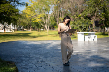 Businesswoman talking on phone and using tablet outdoors