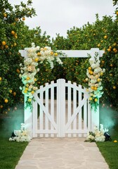 Fototapeta premium Decorated white gate with flowers and citrus trees creating a romantic outdoor setting scene view