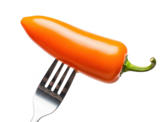 Bright orange jalapeo pepper pierced by a silver fork, isolated on transparent background for food photography and spice concept
