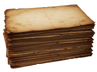 Stack of old, aged, and weathered parchment paper sheets with burnt and rough edges isolated on transparent background