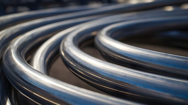 Shiny metal tubes forming a curved spiral pattern reflecting ambient light in a close up industrial view