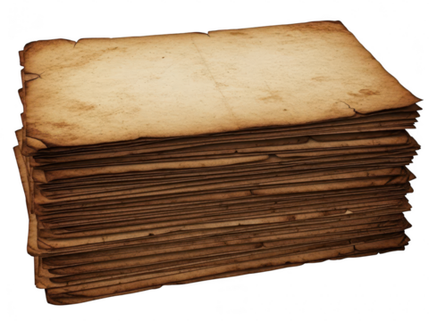 Stack of old, aged, and weathered parchment paper sheets with burnt and rough edges isolated on transparent background - Powered by Adobe