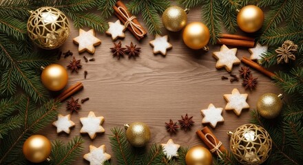 Christmas decorations on a wooden table with pine branches and golden ornaments.