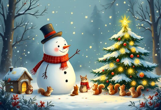 Whimsical winter scene with a cheerful snowman and squirrels around a Christmas tree in a snowy forest - Powered by Adobe