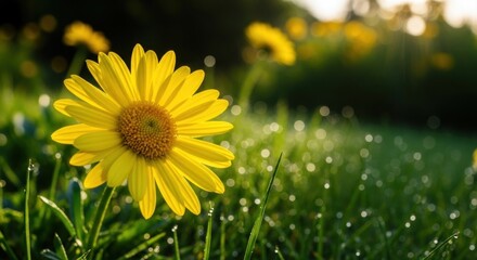 A vibrant yellow daisy in a grassy field with dew drops, set against a blurred green background.