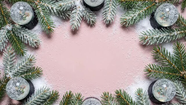 Snowy fir tree border framework flat lay composition pastel pink background isolated overlay template