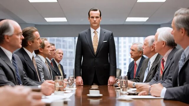 Leadership in Conference: A distinguished leader stands confidently at the head of a formal business meeting. surrounded by associates, embodying poise and authority in a corporate boardroom setting.