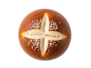 Top view of a freshly baked, round lye roll or pretzel bun sprinkled with coarse salt, isolated on transparent background