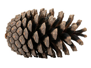 Detailed macro view of a single mature pine cone with visible scales and seed pockets against a clean isolated background, natural autumn harvest object