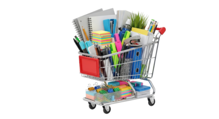 3D Render of Full Shopping Cart Overflowing with Office and School Stationery Supplies isolated PNG with Transparent Background