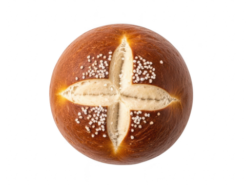 Top view of a freshly baked, round lye roll or pretzel bun sprinkled with coarse salt, isolated on transparent background