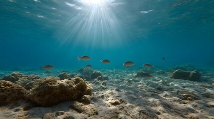 Fototapeta premium Sunlight streams through clear blue ocean water onto a sandy seabed with rocks and a school of small fish swimming gracefully