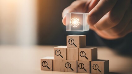 Hand placing magnifying glass symbol on top of wooden blocks forming a pyramid