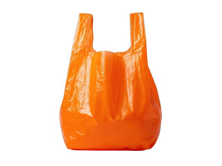 Bright orange plastic carrier shopping bag with handles isolated on transparent background for retail and grocery use