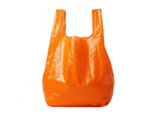 Bright orange plastic carrier shopping bag with handles isolated on transparent background for retail and grocery use