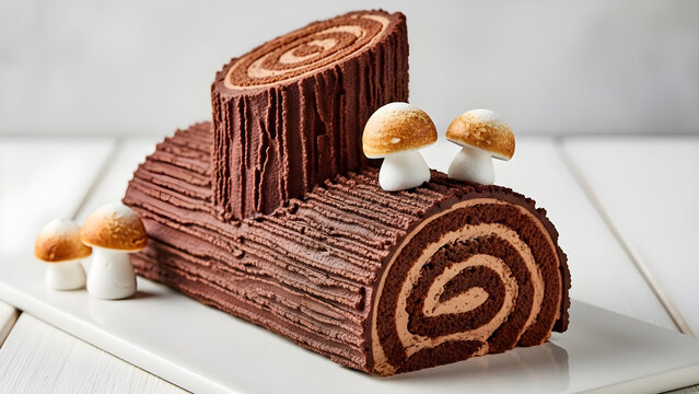 Chocolate Yule Log Cake, also known as Buche de Noel, decorated with meringue mushrooms for a festive Christmas dessert, suitable for holiday celebrations and seasonal food blogging.