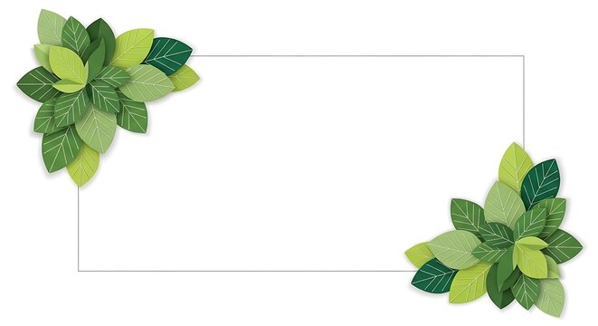 green leaves frame and Abstract Green Leaf Shield Badge on Clean White Background, Modern Eco Protection Symbol with Layered Paper-Cut Style for Security and Sustainability Branding