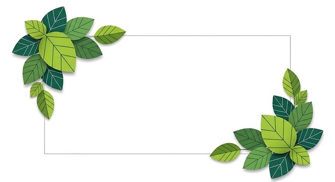 green leaves frame and Abstract Green Leaf Shield Badge on Clean White Background, Modern Eco Protection Symbol with Layered Paper-Cut Style for Security and Sustainability Branding
