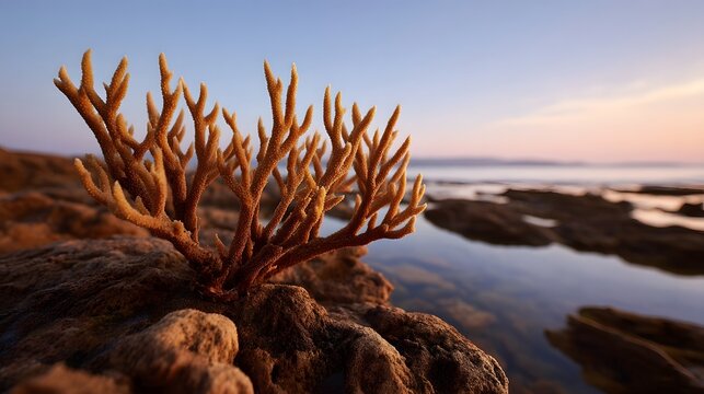 A detailed view of a branching coral like structure on wet rocks at dawn with the serene ocean and soft sky in the background
