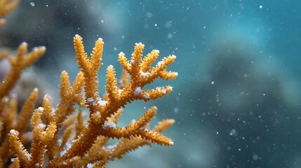 Vibrant orange branching coral structure in clear blue underwater with light particles