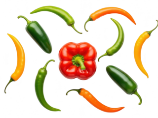 Assortment of colorful chili pepper varieties including jalapeno, bell pepper, and cayenne, isolated on transparent background