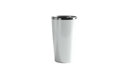 Isolated white insulated tumbler with metallic rim and lid on a black background