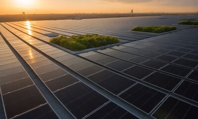 Rooftop solar panels with green patches at sunset