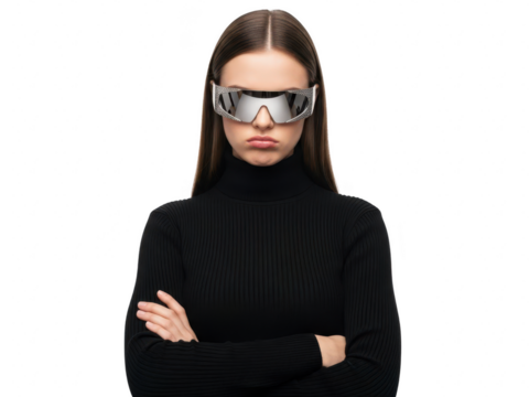Serious young woman wearing futuristic silver mirrored visor sunglasses and black turtleneck sweater isolated on transparent background