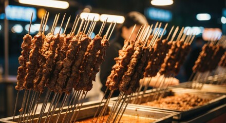Rows of grilled skewers, likely lamb, at a night market