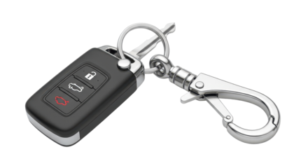 Black car key fob with silver metal keychain and carabiner clip isolated PNG with Transparent Background