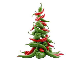 A creative christmas tree shape made entirely of stacked fresh green and red chili pepper vegetable food isolated on transparent background